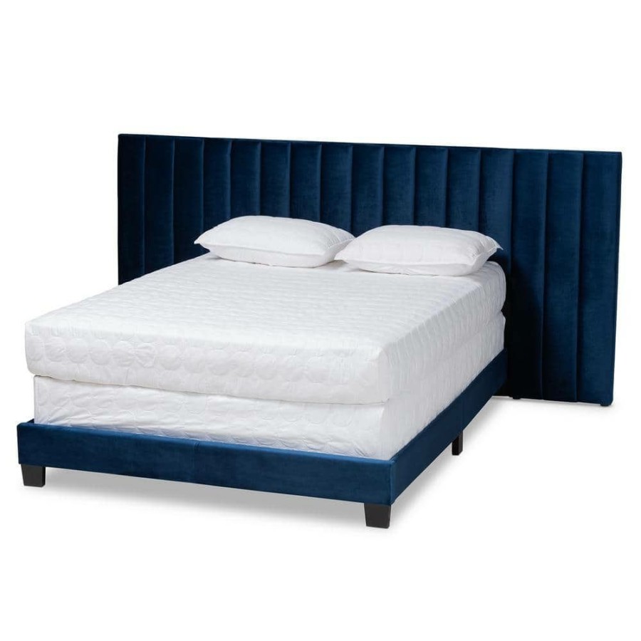 Bedroom Furniture * | Fiorenza Navy Blue And Black King Panel Bed With Extra Wide Headboard By Baxton Studio