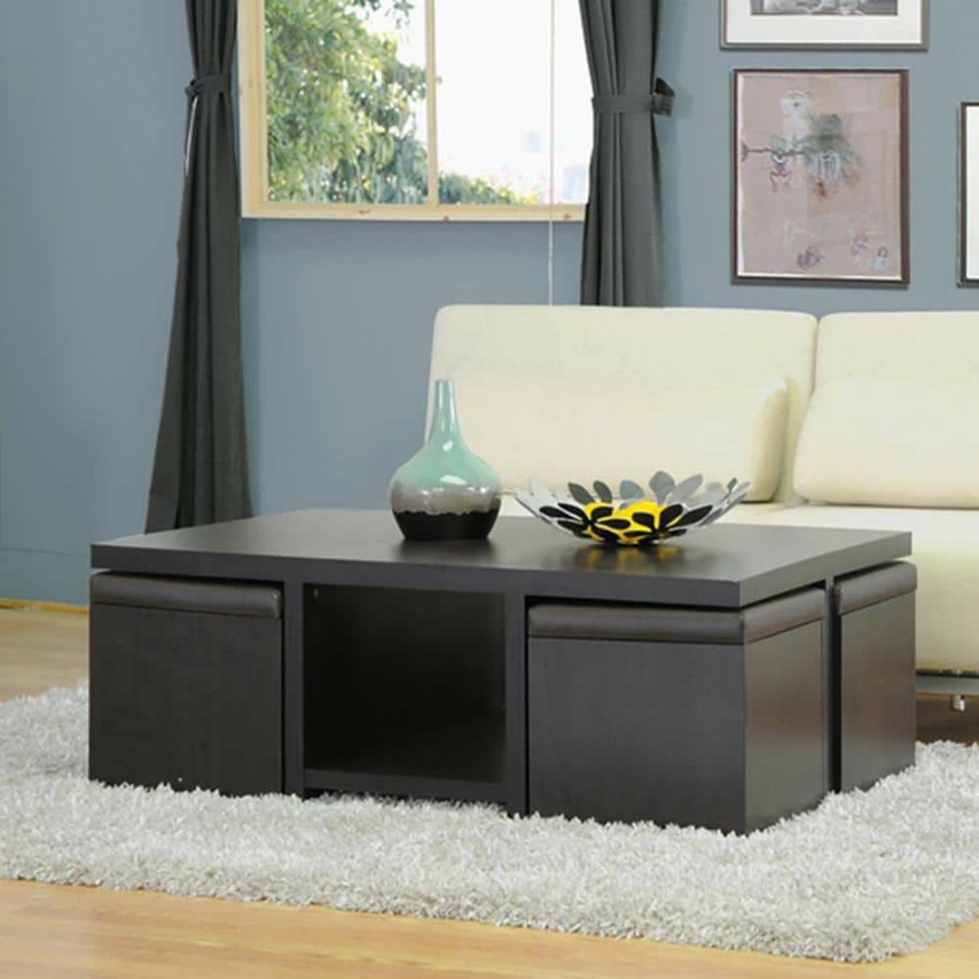 Living Room Furniture * | Prescott 4-Piece 48 In. Dark Brown Large Rectangle Wood Coffee Table Set With Casters By Baxton Studio