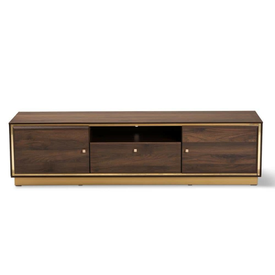 Living Room Furniture * | Cormac 63 In. Walnut Brown And Gold Tv Stand With One Drawer Fits Tv'S Up To 70 In. With Cable Management By Baxton Studio