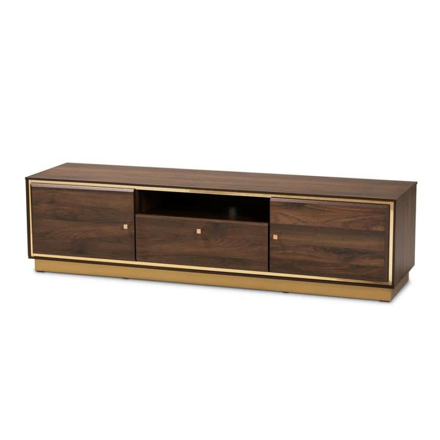 Living Room Furniture * | Cormac 63 In. Walnut Brown And Gold Tv Stand With One Drawer Fits Tv'S Up To 70 In. With Cable Management By Baxton Studio