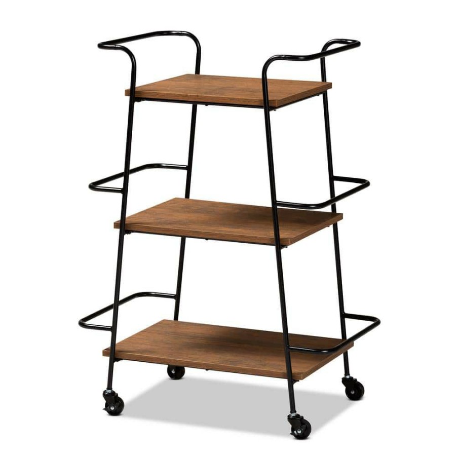 Bar Furniture * | Bernard Walnut Brown And Black Bar Cart By Baxton Studio