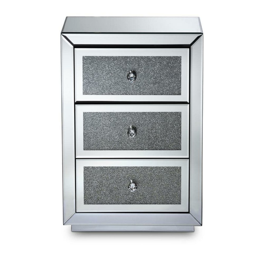 Bedroom Furniture * | Talan 3-Drawer Mirrored And Sliver Nightstand 26 In. H X 18 In. W X 14 In. D By Baxton Studio