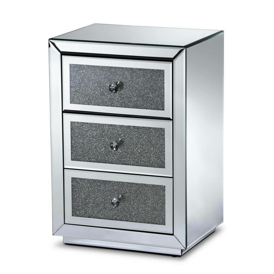 Bedroom Furniture * | Talan 3-Drawer Mirrored And Sliver Nightstand 26 In. H X 18 In. W X 14 In. D By Baxton Studio