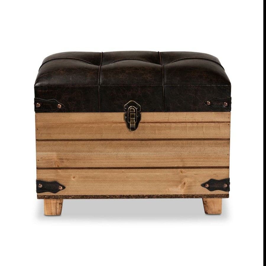 Living Room Furniture * | Edmund Dark Brown And Oak Brown Storage Ottoman By Baxton Studio