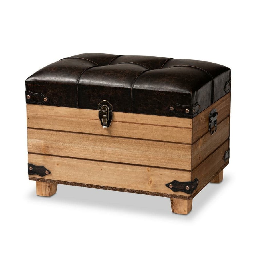 Living Room Furniture * | Edmund Dark Brown And Oak Brown Storage Ottoman By Baxton Studio