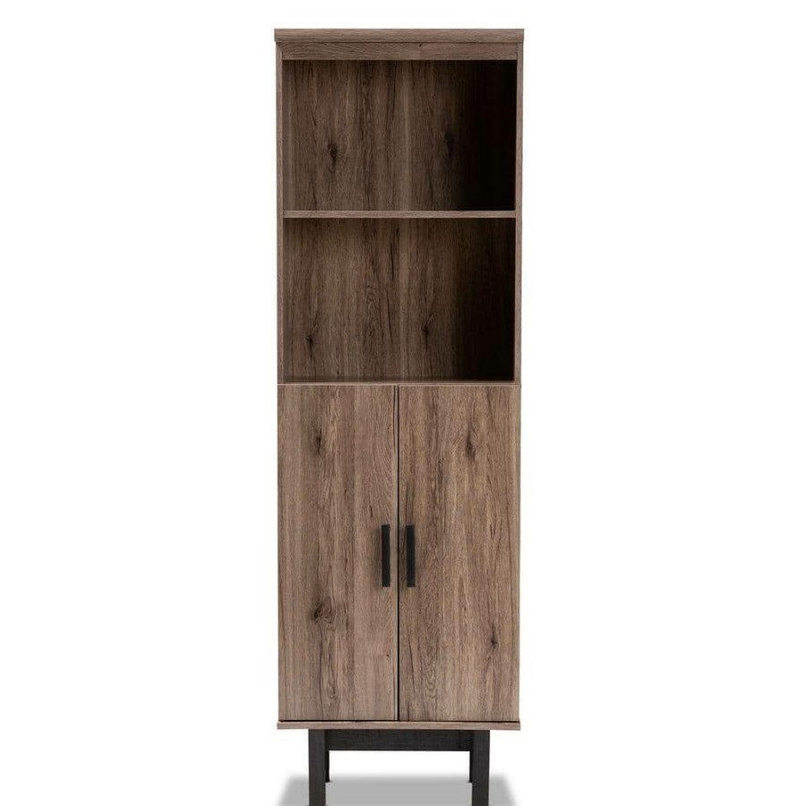 Bar Furniture * | 73 In. Oak/Black Wood 4-Shelf Standard Bookcase With Doors By Baxton Studio