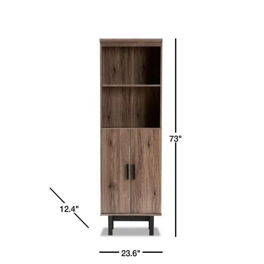 Bar Furniture * | 73 In. Oak/Black Wood 4-Shelf Standard Bookcase With Doors By Baxton Studio