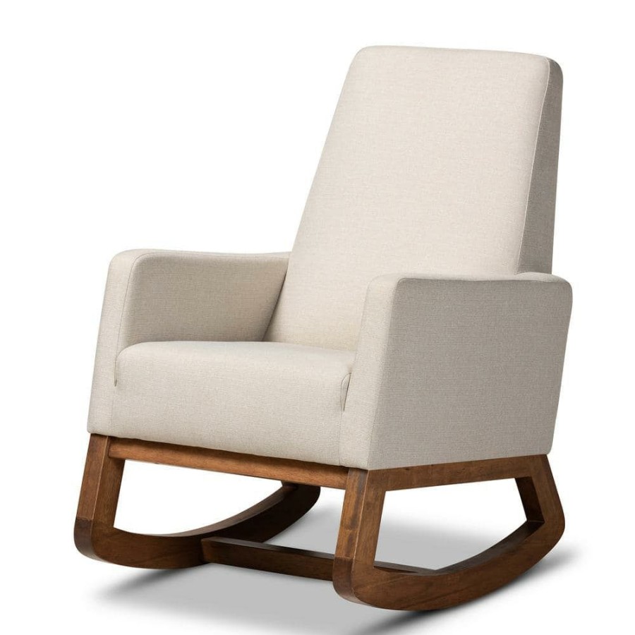 Entryway Furniture * | Yashiya Mid-Century Beige Fabric Upholstered Rocking Chair By Baxton Studio