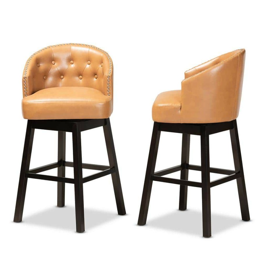 Bar Furniture * | Theron 41.1 In. Tan And Dark Brown Low Back Wood Bar Height Bar Stool (Set Of 2) By Baxton Studio