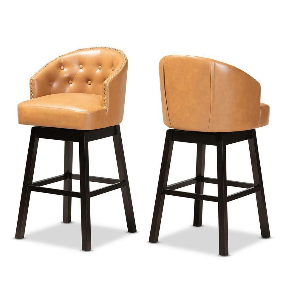 Bar Furniture * | Theron 41.1 In. Tan And Dark Brown Low Back Wood Bar Height Bar Stool (Set Of 2) By Baxton Studio