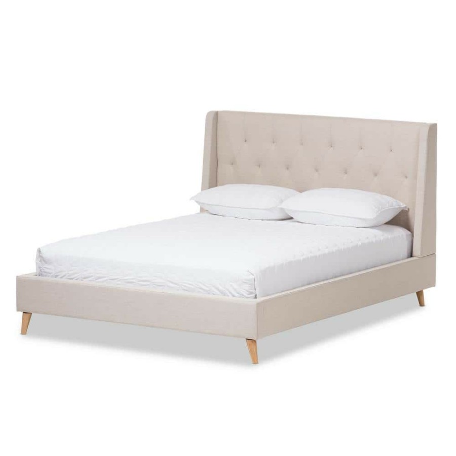 Bedroom Furniture * | Adelaide Beige Fabric Upholstered Queen Platform Bed By Baxton Studio