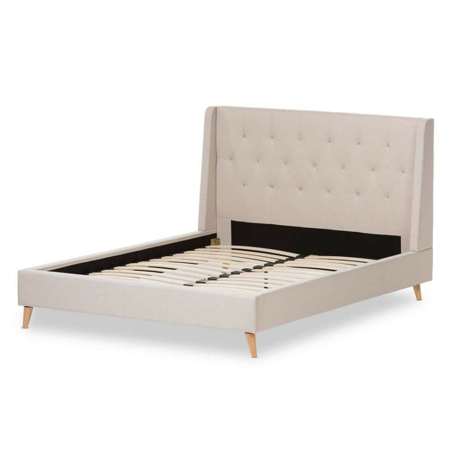 Bedroom Furniture * | Adelaide Beige Fabric Upholstered Queen Platform Bed By Baxton Studio