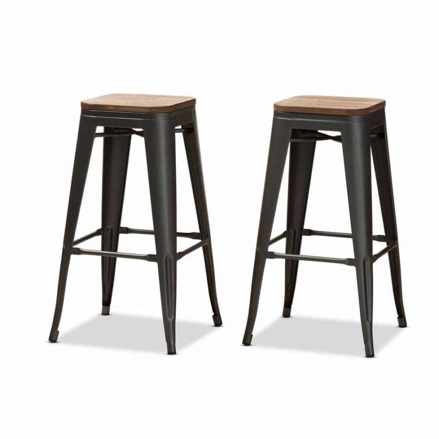 Bar Furniture * | Henri 30 In. Gunmetal Gray And Oak Brown Bar Stool (Set Of 2) By Baxton Studio