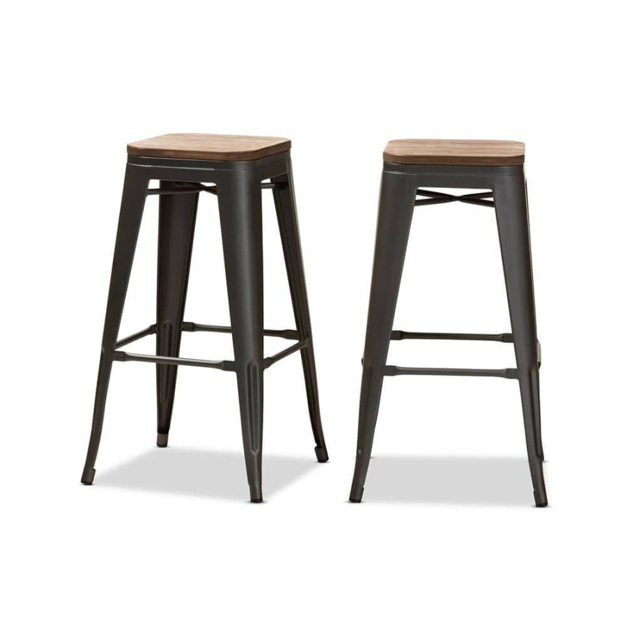 Bar Furniture * | Henri 30 In. Gunmetal Gray And Oak Brown Bar Stool (Set Of 2) By Baxton Studio