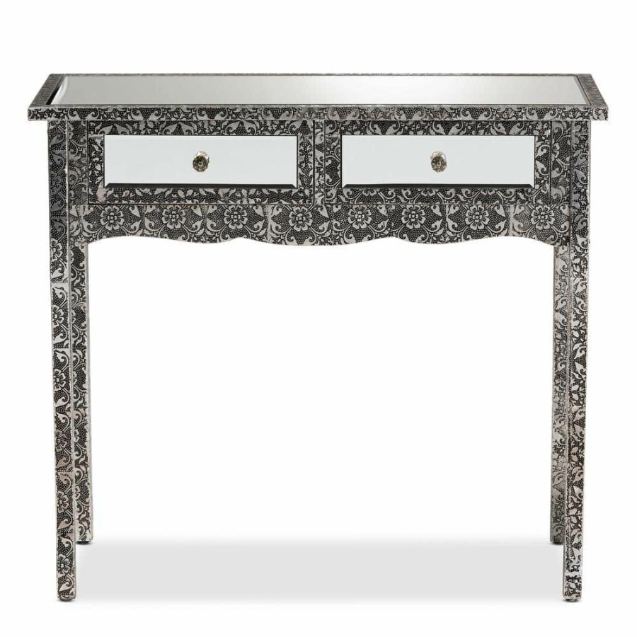 Entryway Furniture * | Wycliff 34.6 In. Dark Grey And Silver Rectangle Glass Top Console Table By Baxton Studio