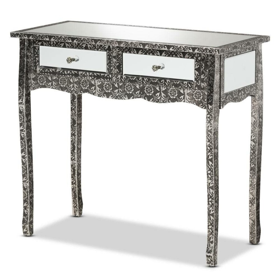 Entryway Furniture * | Wycliff 34.6 In. Dark Grey And Silver Rectangle Glass Top Console Table By Baxton Studio