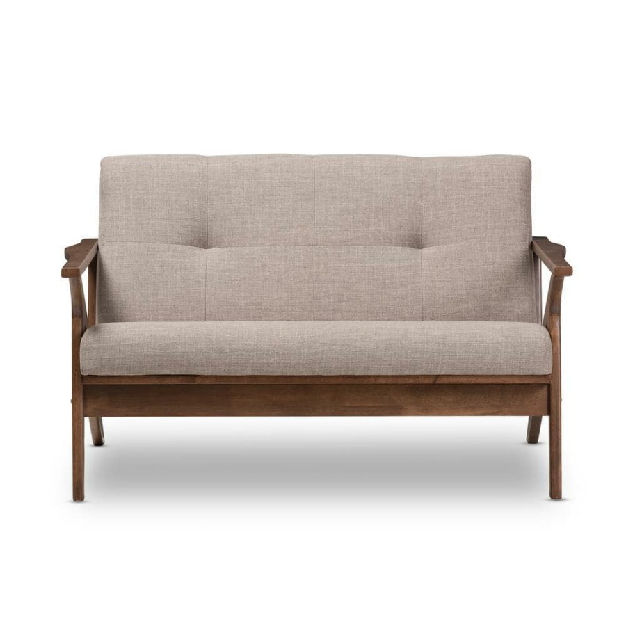 Living Room Furniture * | Bianca 50 In. Light Grey/Walnut Polyester 2-Seater Loveseat With Wood Frame By Baxton Studio