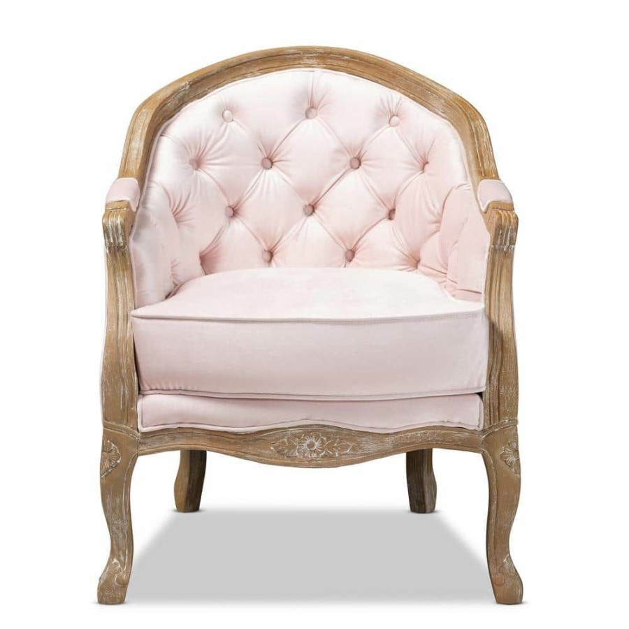 Living Room Furniture * | Genevieve Light Pink And Oak Fabric Armchair By Baxton Studio