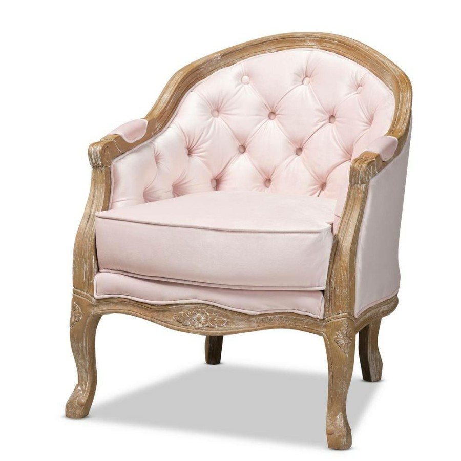 Living Room Furniture * | Genevieve Light Pink And Oak Fabric Armchair By Baxton Studio