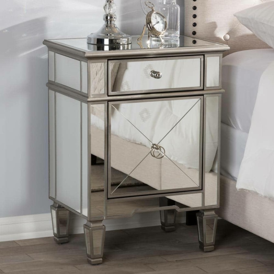 Bedroom Furniture * | Claudia 2-Drawer Silver Metallic Nightstand By Baxton Studio