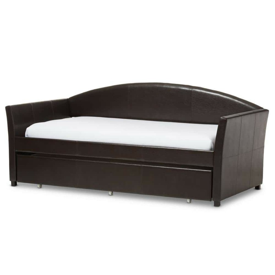 Bedroom Furniture * | London Contemporary Brown Faux Leather Upholstered Twin Size Daybed By Baxton Studio