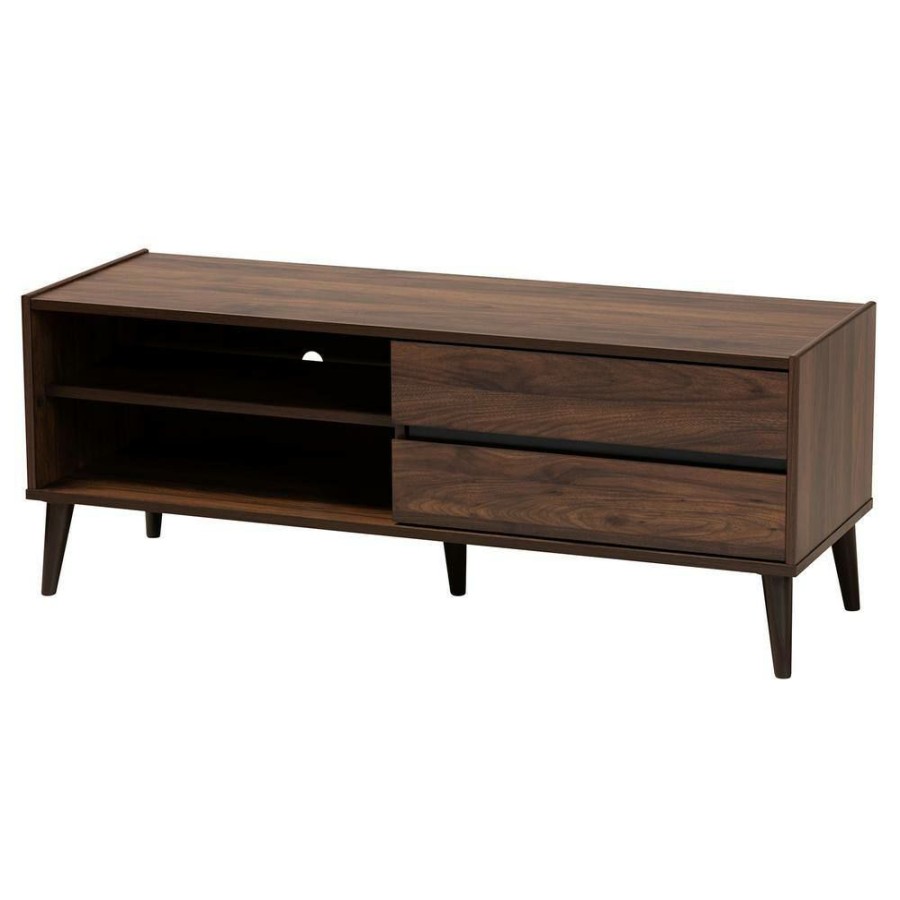 Living Room Furniture * | Suli 47 In. Walnut Wood Tv Stand Fits 52 In. Tv By Baxton Studio