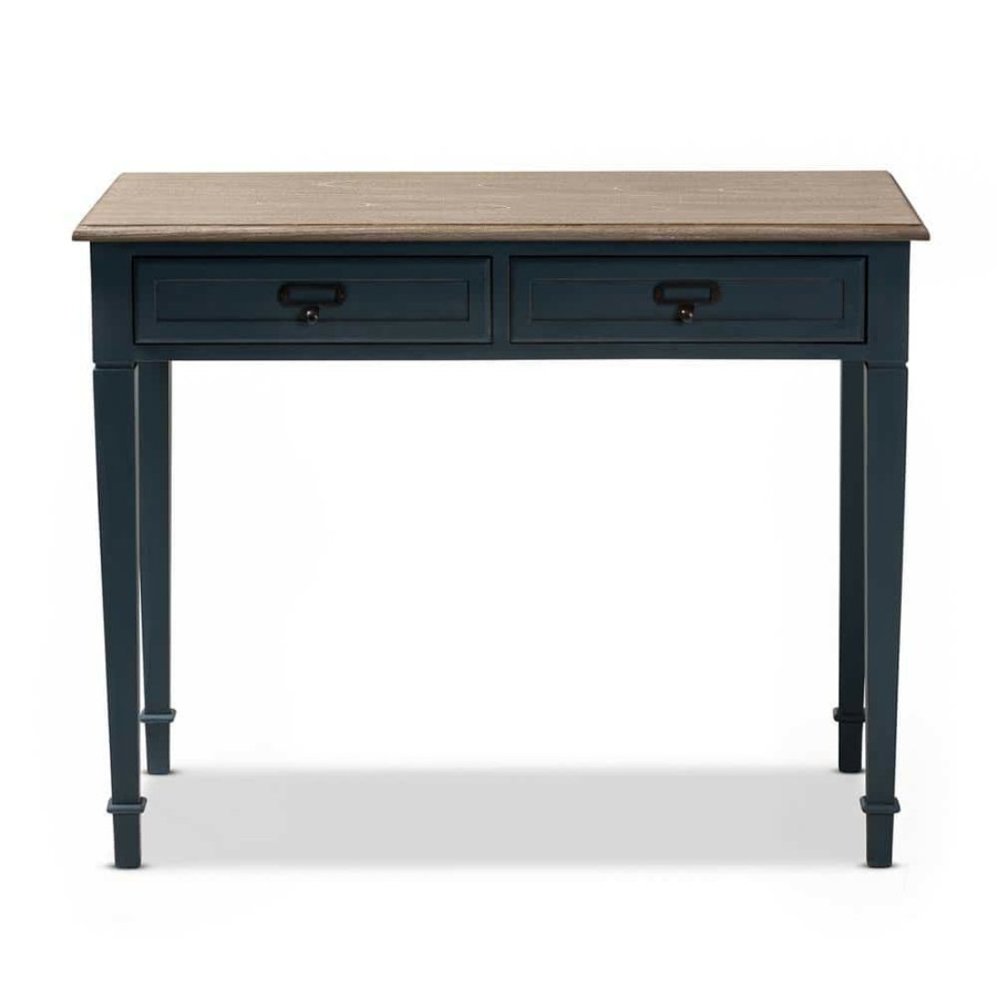 Bar Furniture * | 39.5 In. Blue/Oak Rectangular 2 -Drawer Writing Desk With Black Metal Hardware By Baxton Studio