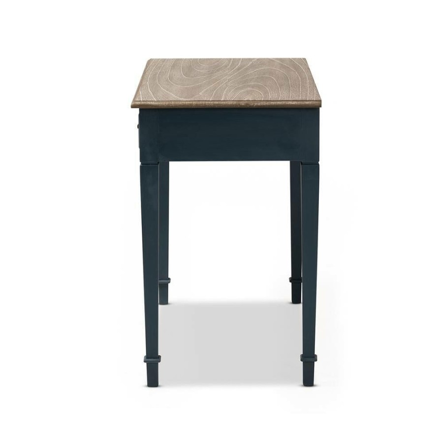 Bar Furniture * | 39.5 In. Blue/Oak Rectangular 2 -Drawer Writing Desk With Black Metal Hardware By Baxton Studio