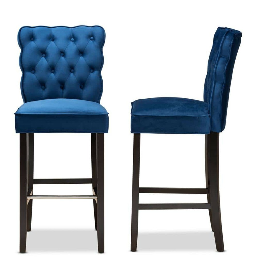 Bar Furniture * | Daphne 45.3 In. Navy Blue And Dark Brown Low Back Wood Bar Height Bar Stool (Set Of 2) By Baxton Studio