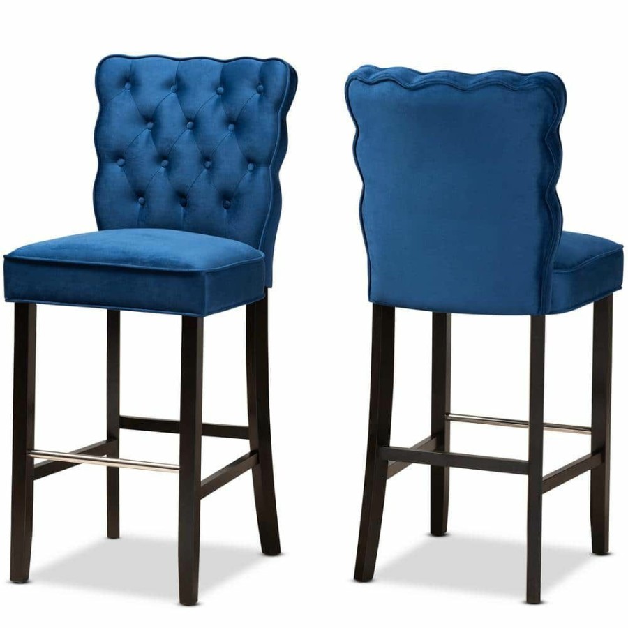 Bar Furniture * | Daphne 45.3 In. Navy Blue And Dark Brown Low Back Wood Bar Height Bar Stool (Set Of 2) By Baxton Studio