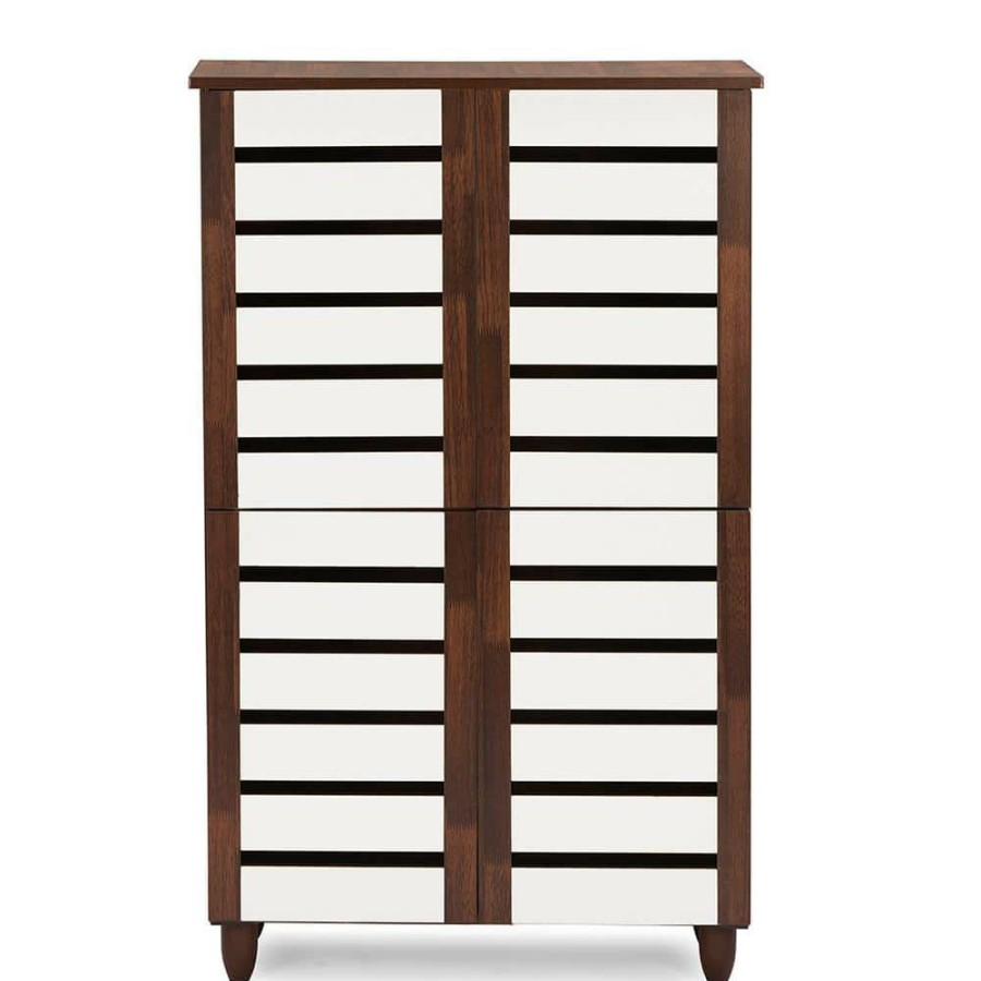 Living Room Furniture * | Gisela White And Medium Brown Wood Wide Tall Storage Cabinet By Baxton Studio