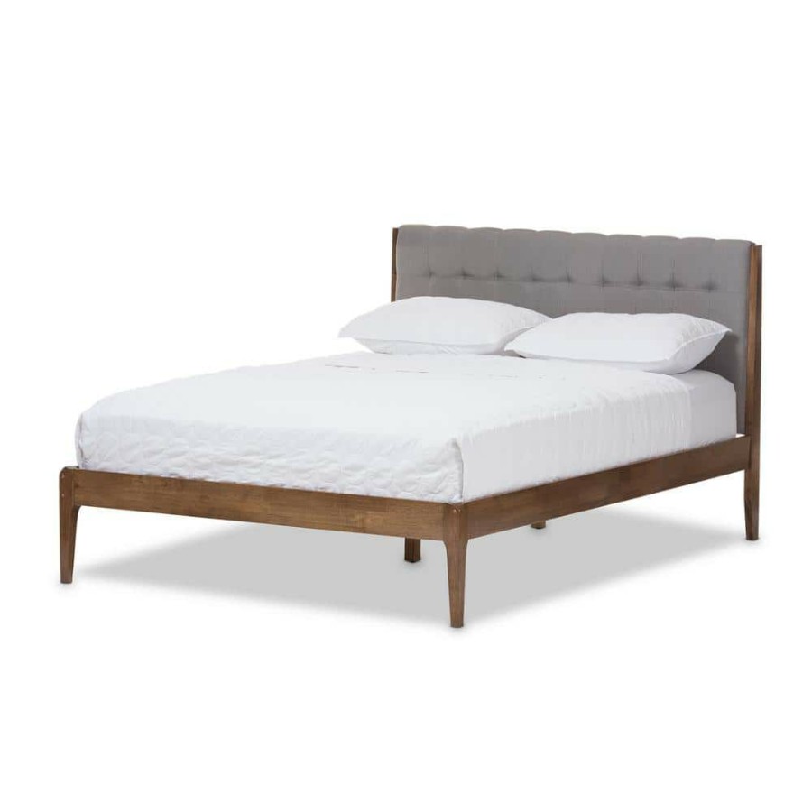 Bedroom Furniture * | Clifford Mid-Century Gray Fabric Upholstered King Size Bed By Baxton Studio