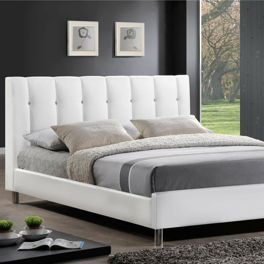 Bedroom Furniture * | Vino Transitional White Faux Leather Upholstered Queen Size Bed By Baxton Studio