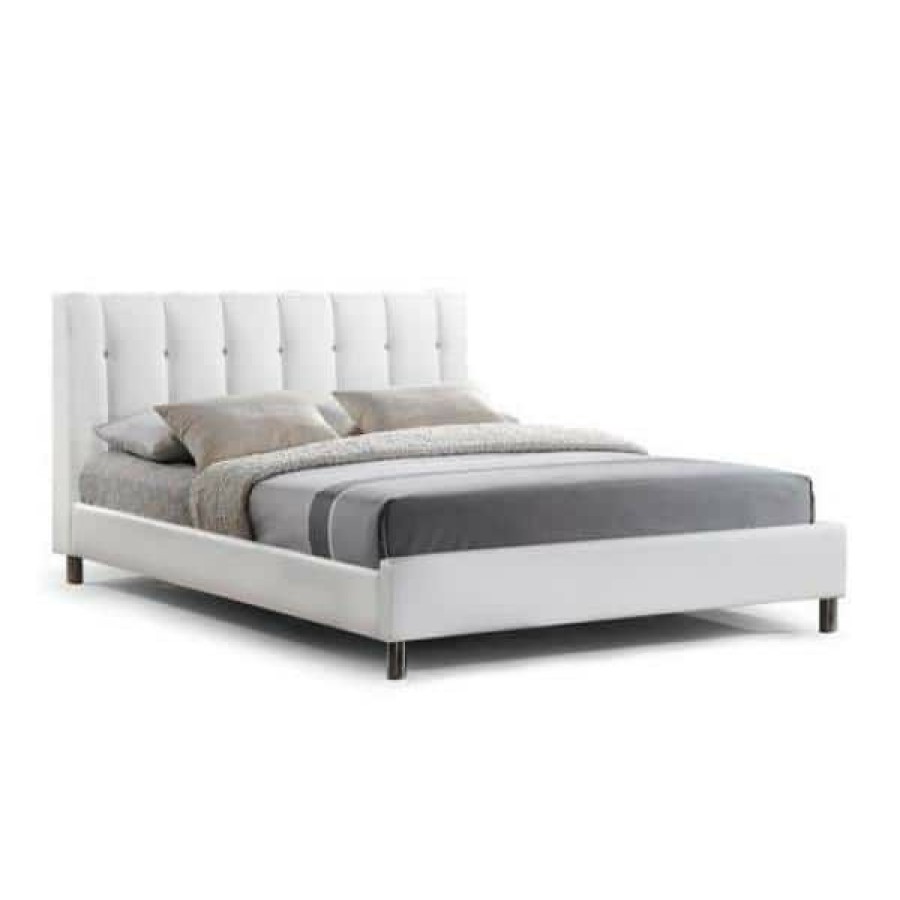 Bedroom Furniture * | Vino Transitional White Faux Leather Upholstered Queen Size Bed By Baxton Studio