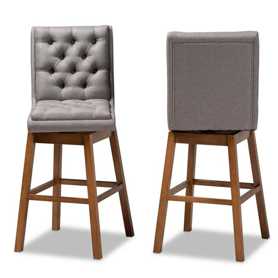 Bar Furniture * | Gregory 31 In. Grey And Walnut Brown Bar Stool (Set Of 2) By Baxton Studio