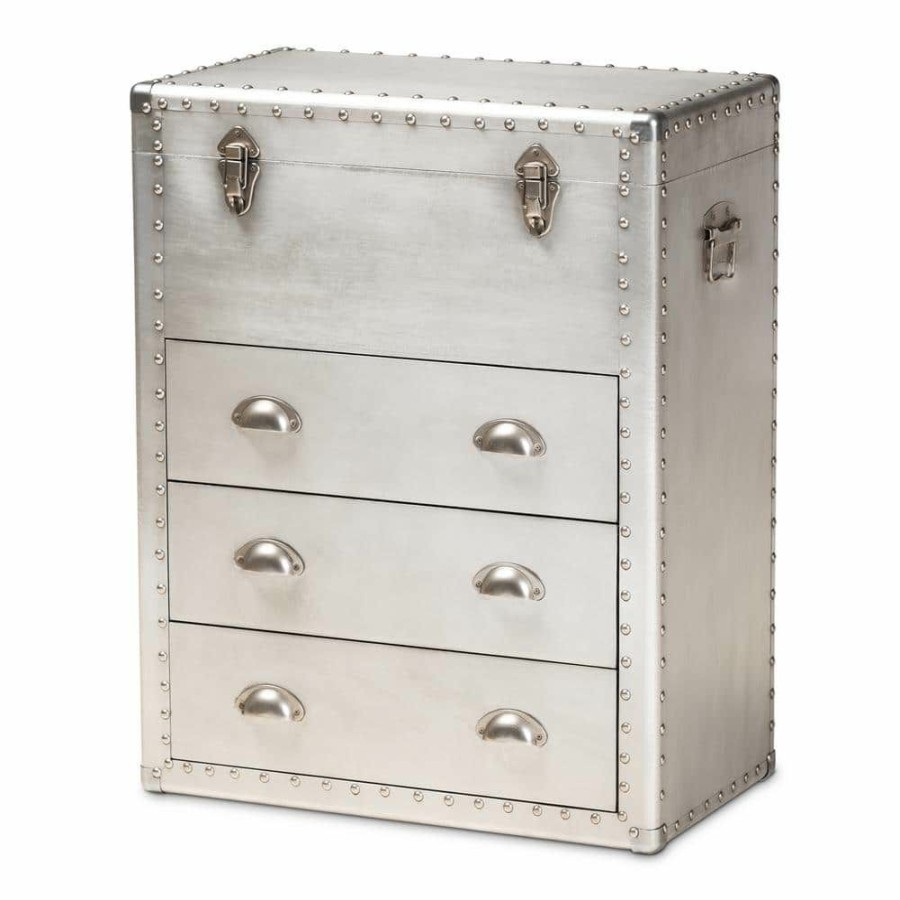 Living Room Furniture * | Serge Silver Storage Cabinet With 3-Drawers By Baxton Studio