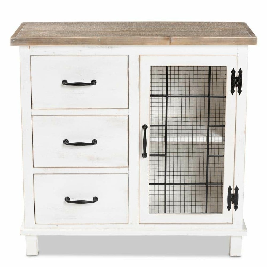 Living Room Furniture * | Faron White And Oak Brown Accent Cabinet With 3-Drawers By Baxton Studio