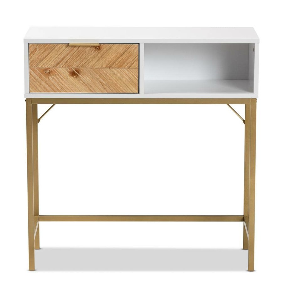 Living Room Furniture * | Giona 31.5 In. White And Gold Rectangle Wood Top Console Table By Baxton Studio