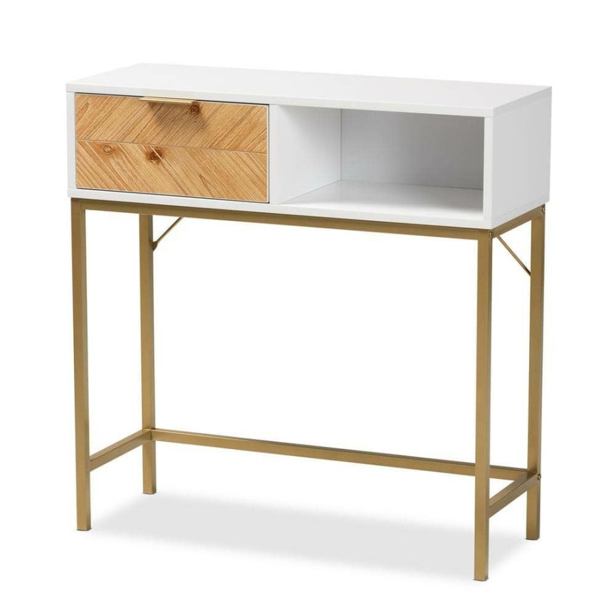 Living Room Furniture * | Giona 31.5 In. White And Gold Rectangle Wood Top Console Table By Baxton Studio