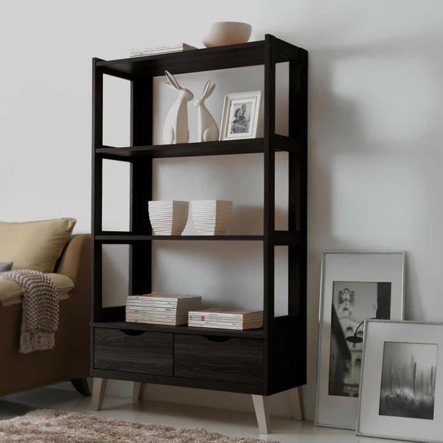 Bar Furniture * | 62.4 In. Dark Brown Wood 4-Shelf Etagere Bookcase With Open Back By Baxton Studio