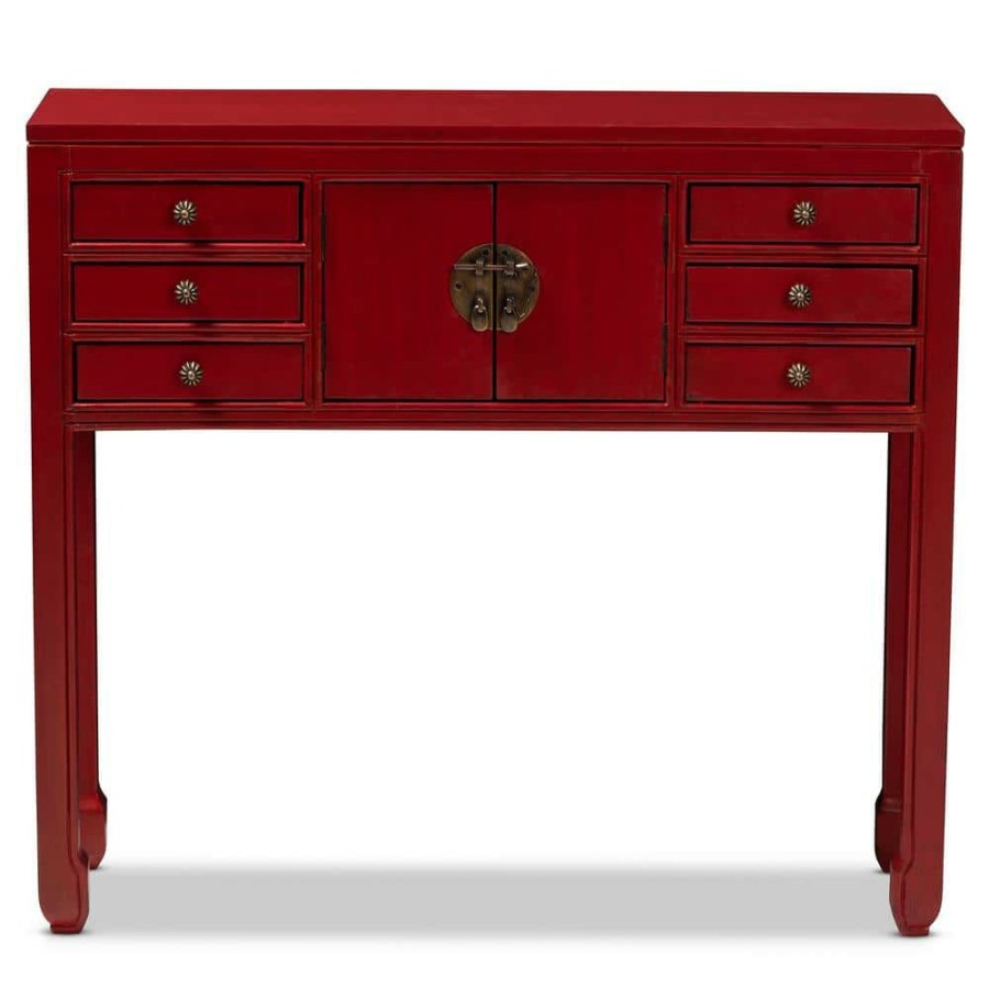 Entryway Furniture * | Melodie 38 In. Red Standard Rectangle Wood Console Table With Drawers By Baxton Studio