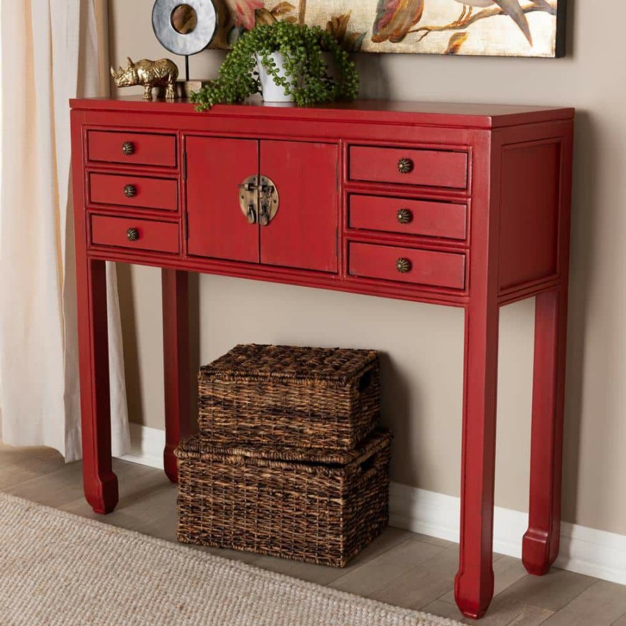 Entryway Furniture * | Melodie 38 In. Red Standard Rectangle Wood Console Table With Drawers By Baxton Studio