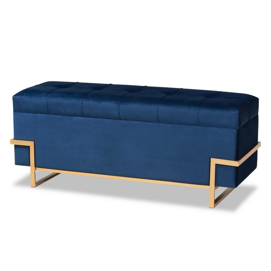 Living Room Furniture * | Parker 18.9 In. H X 48 In. W X 16.5 In. D Navy Blue And Gold Storage Trunk Ottoman By Baxton Studio