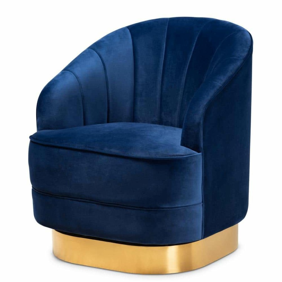 Living Room Furniture * | Fiore Royal Blue Velvet Swivel Accent Chair By Baxton Studio