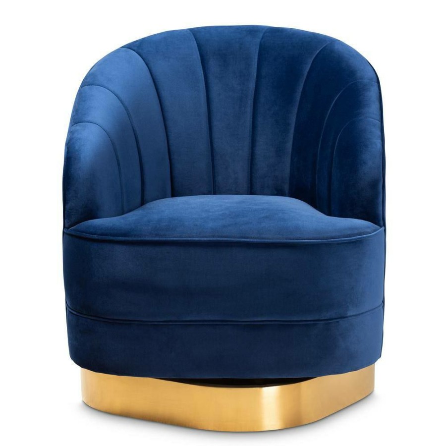 Living Room Furniture * | Fiore Royal Blue Velvet Swivel Accent Chair By Baxton Studio