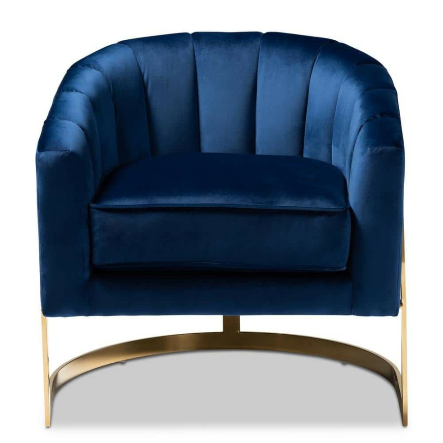 Living Room Furniture * | Tomasso Dark Royal Blue And Gold Fabric Accent Chair By Baxton Studio