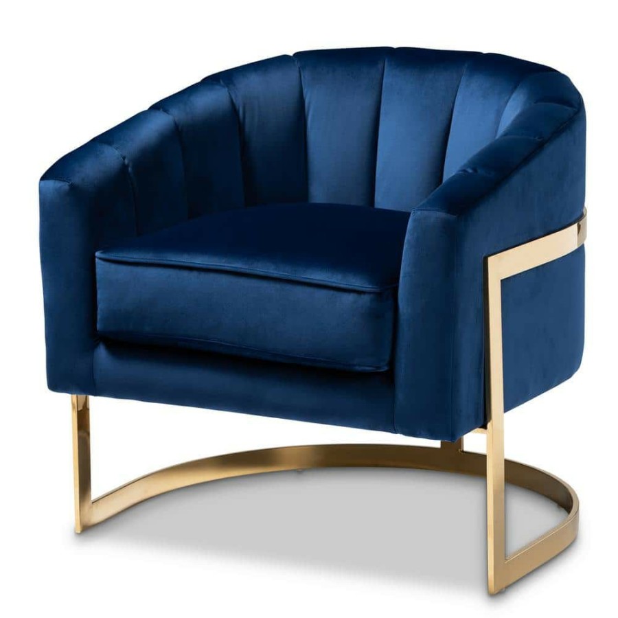 Living Room Furniture * | Tomasso Dark Royal Blue And Gold Fabric Accent Chair By Baxton Studio