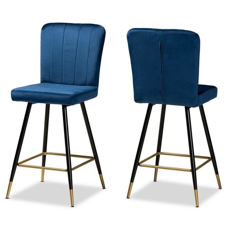 Bar Furniture * | Preston 42.1 In. Navy Blue And Gold Low Back Metal Counter Height Bar Stool (Set Of 2) By Baxton Studio