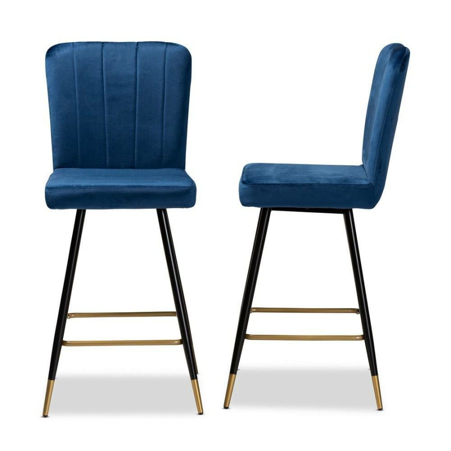 Bar Furniture * | Preston 42.1 In. Navy Blue And Gold Low Back Metal Counter Height Bar Stool (Set Of 2) By Baxton Studio