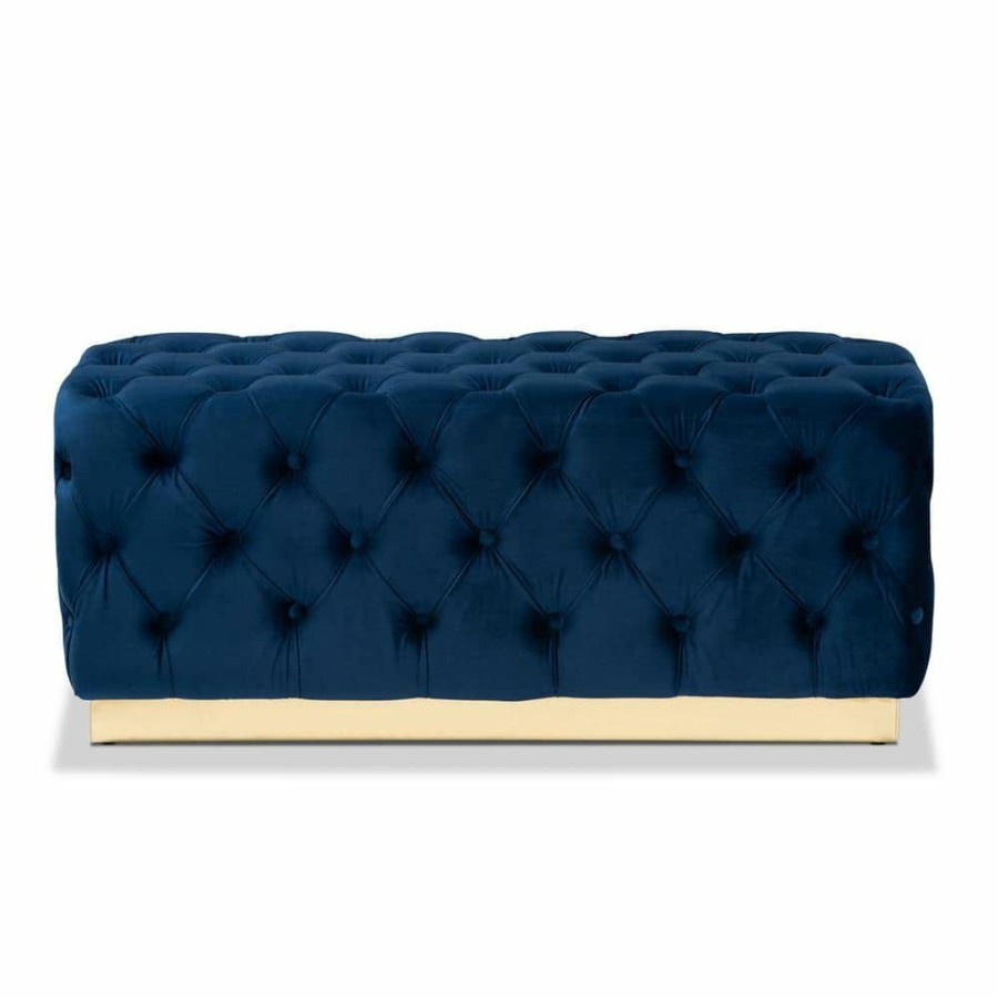 Living Room Furniture * | Corrine Navy Blue And Gold Ottoman By Baxton Studio